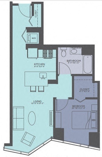 Floor plan for 1 bed, 1 bath, 698 sqft